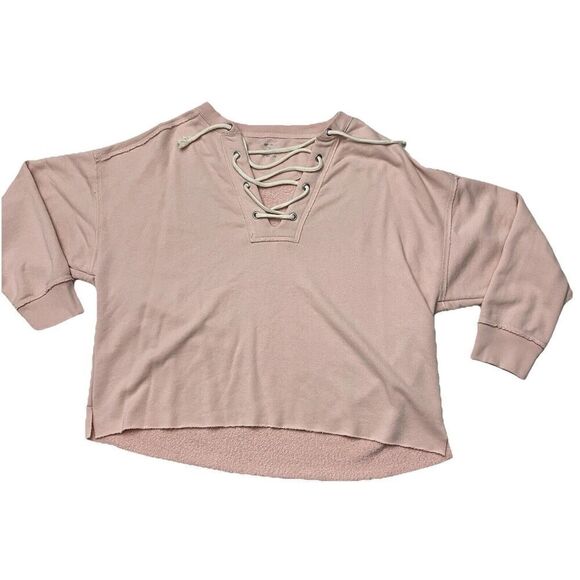 Aerie Sunday Soft Lace Up sweatshirt Pink Women's Medium High Low Raw Hem - Picture 1 of 12